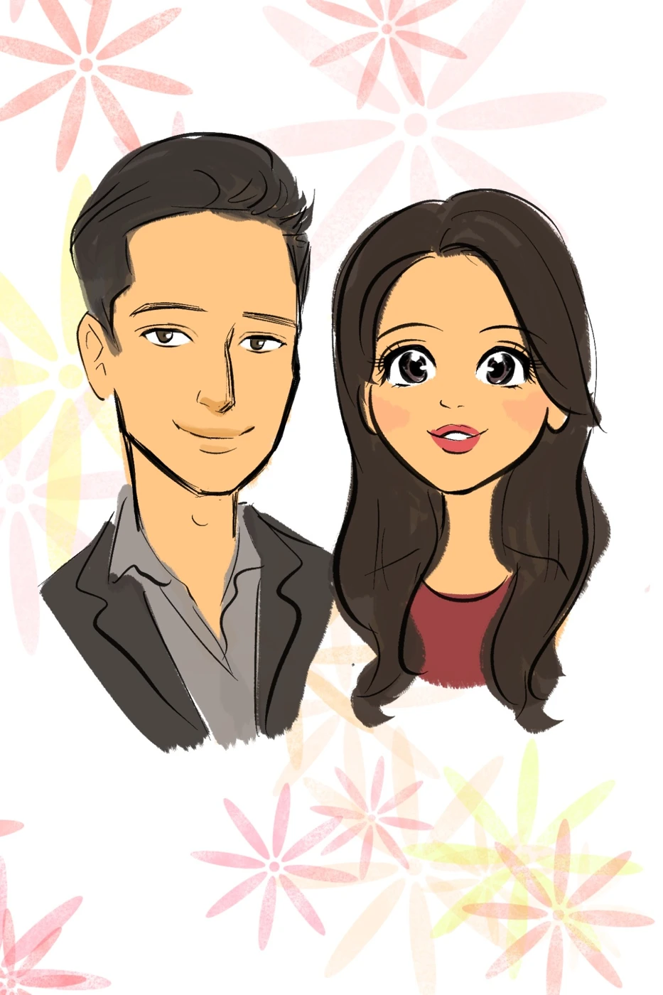 Anime-inspired digital couple portrait with a geometric floral background