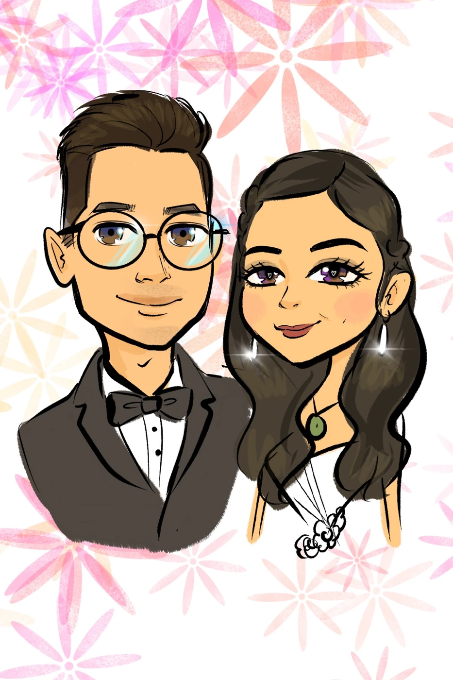 Anime-inspired digital wedding portrait of a couple in formalwear