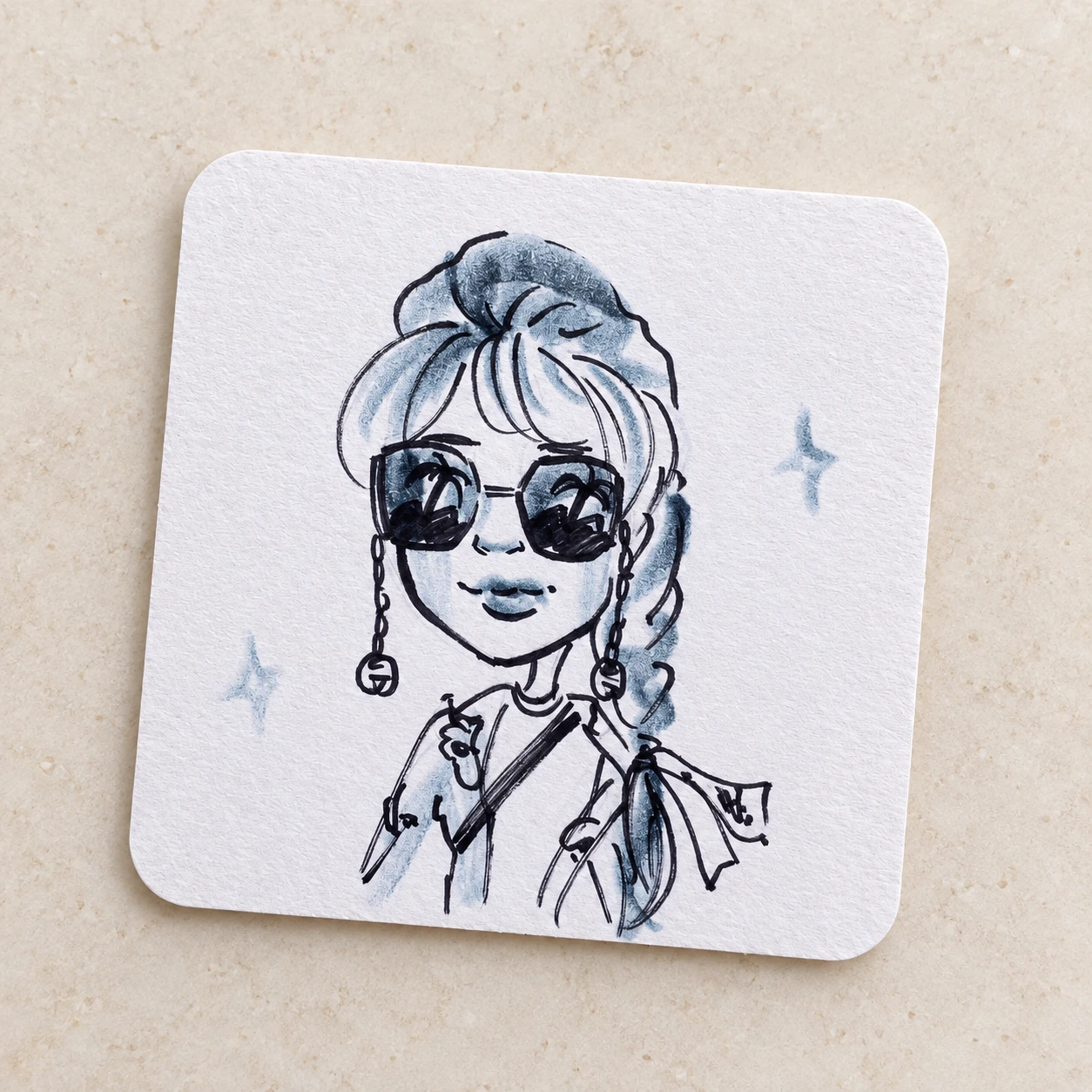 Hand-drawn portrait of a woman in sunglasses on a square coaster