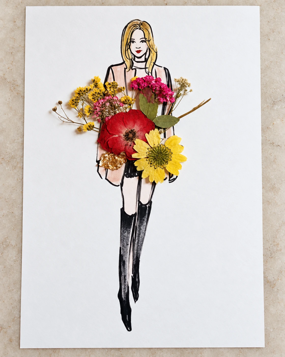 Fashion sketch holding a dimensional bouquet of red and yellow flowers