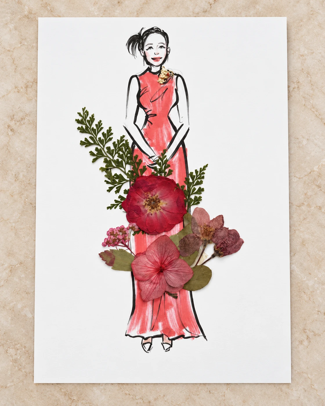 Fashion portrait with real red flowers arranged around a red dress