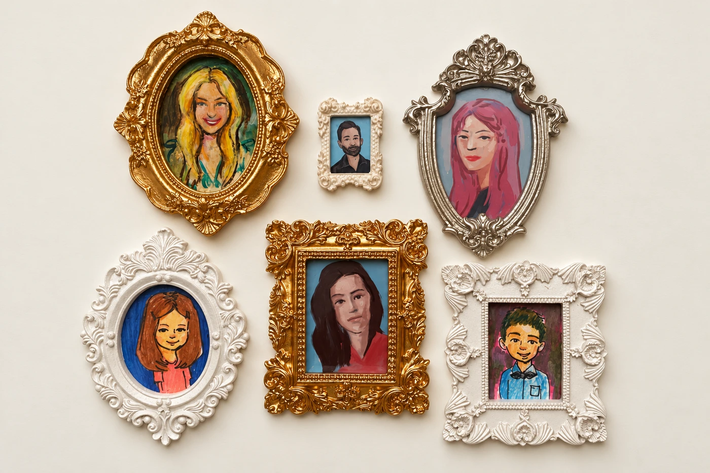 Miniature portraits in assorted ornate, simple, oval and rectangular frames