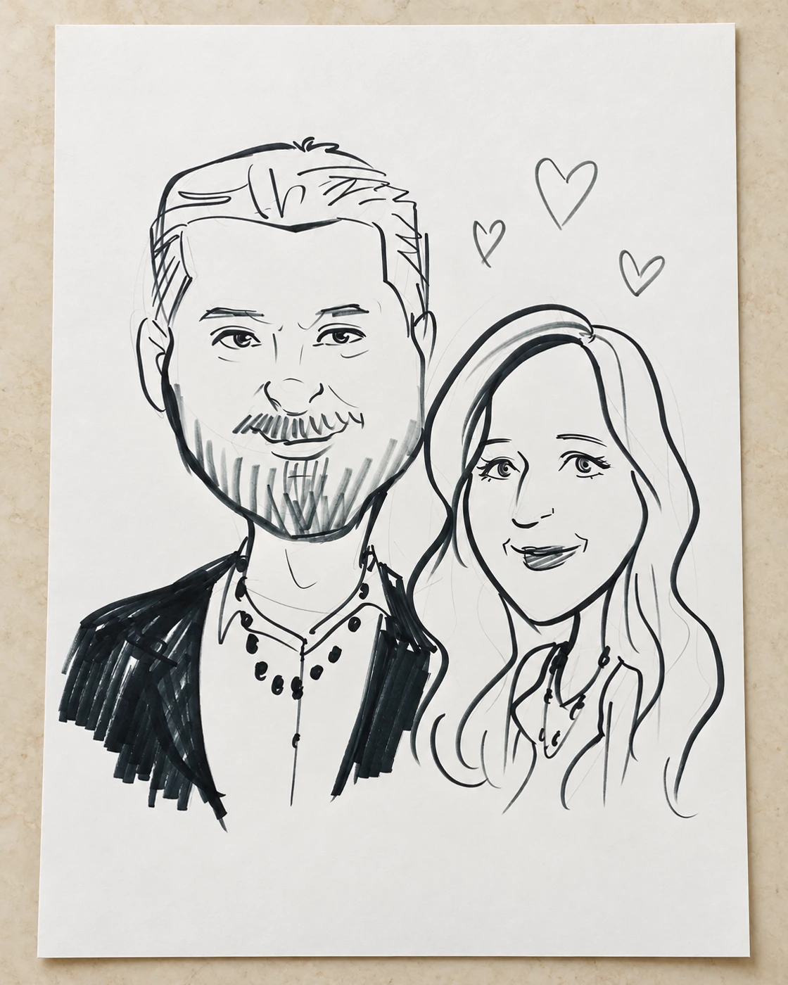 Black-and-white hand-drawn couple caricature with small hearts