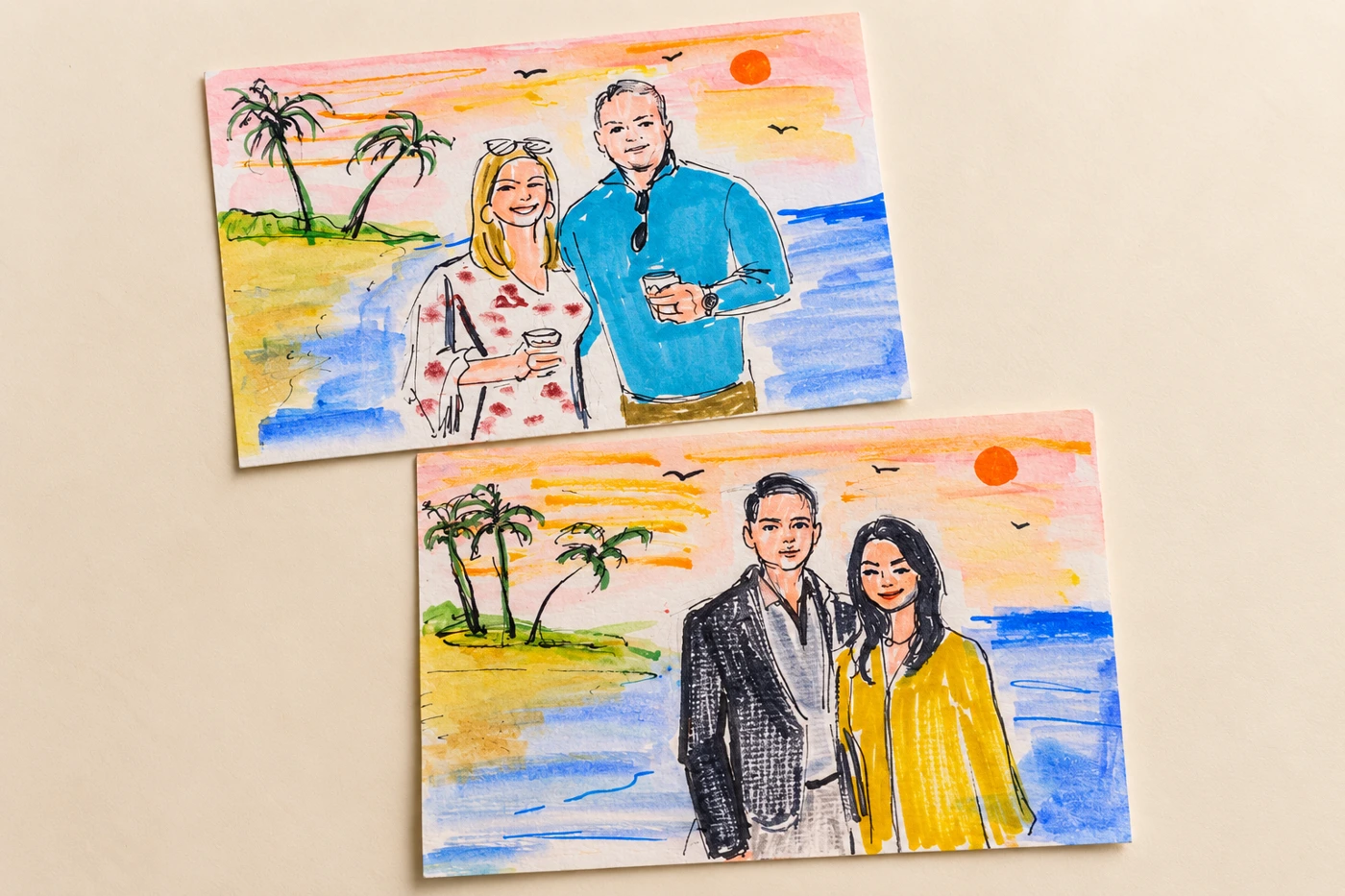 Two watercolor portrait postcards with palm trees and sunset backgrounds