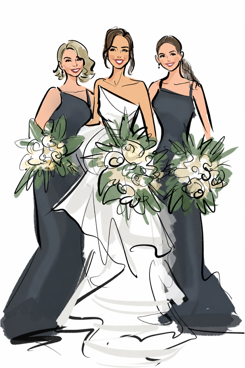 Digital wedding fashion sketch of a bride and two bridesmaids