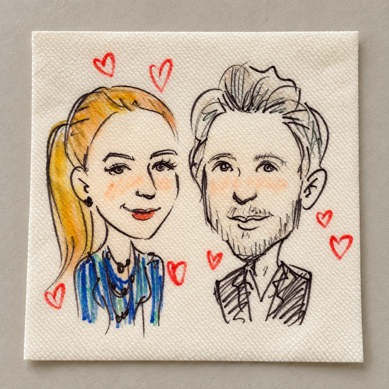 Couple portrait with hearts drawn on a cocktail napkin