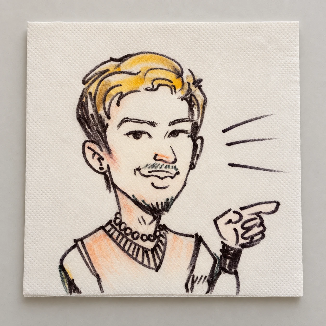 Expressive hand-drawn man’s portrait on a cocktail napkin