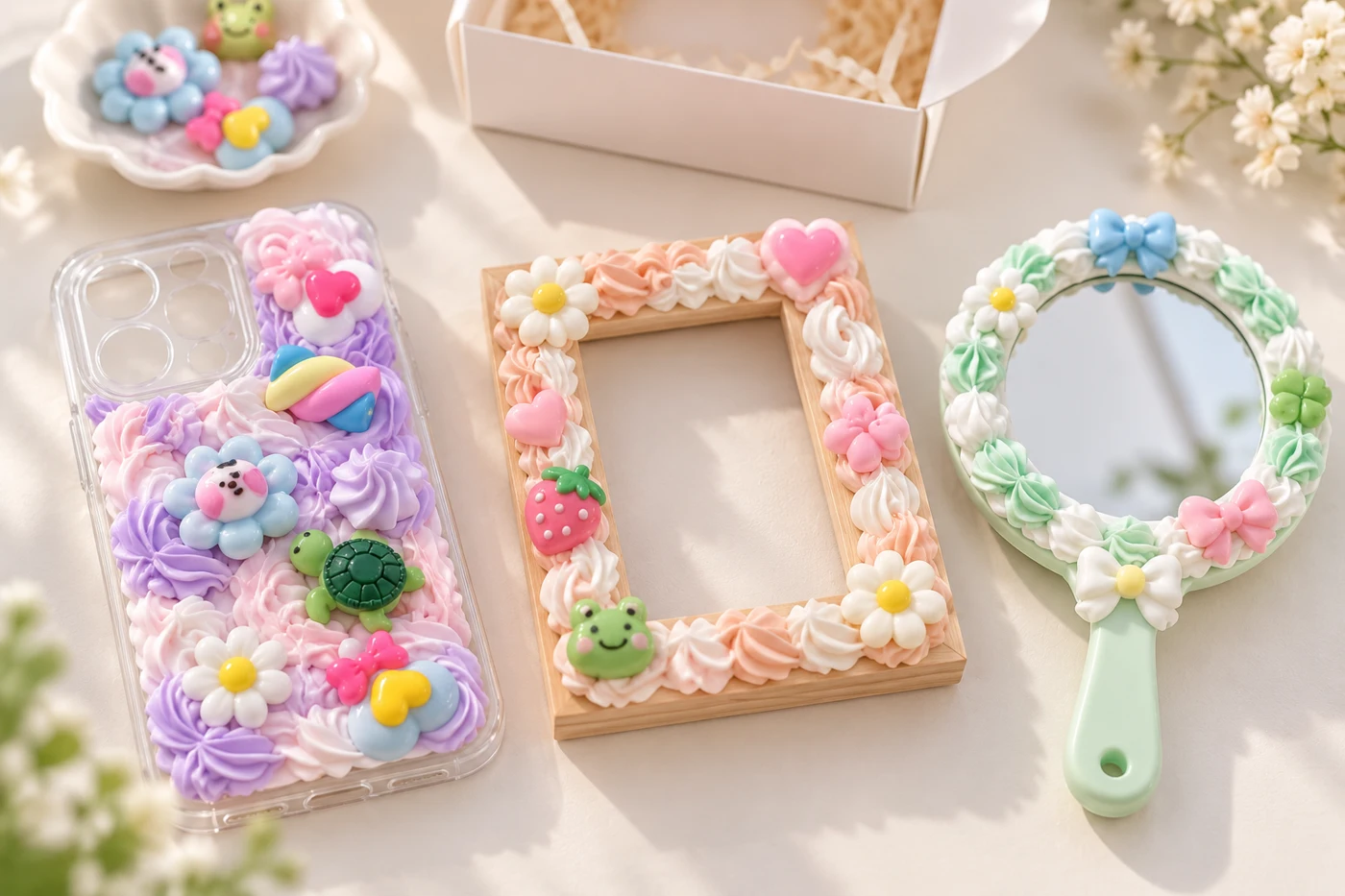 Décoden sample designs on a phone case, frame and hand mirror, with faux cream and colorful cabochons