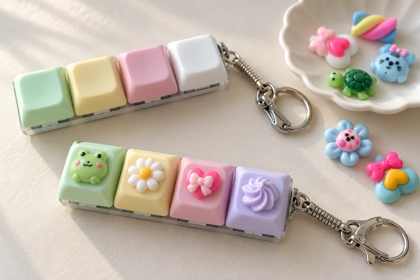 Decorated four-key keyboard fidget charms