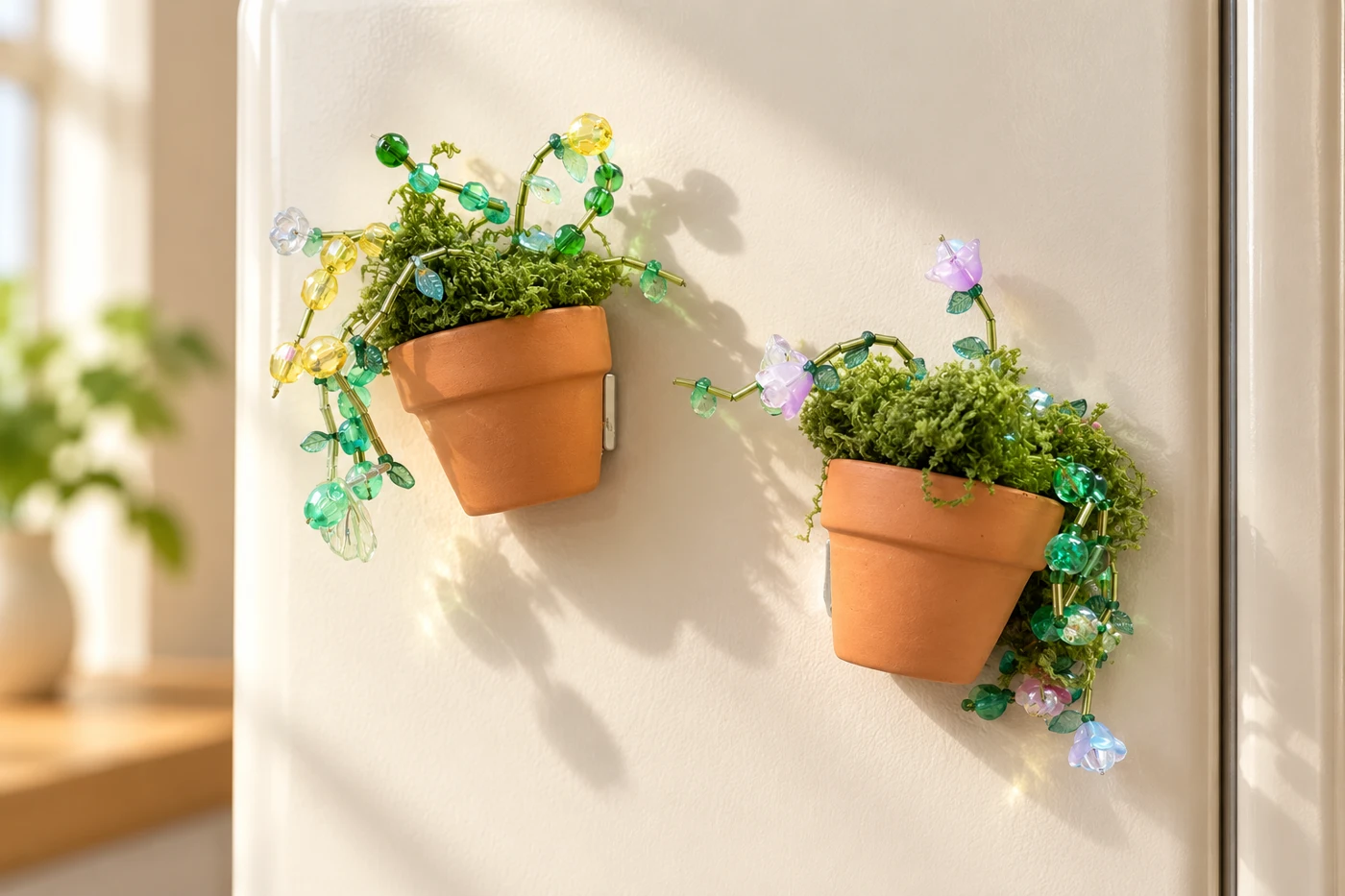 Miniature moss pots with beaded vines displayed as magnets