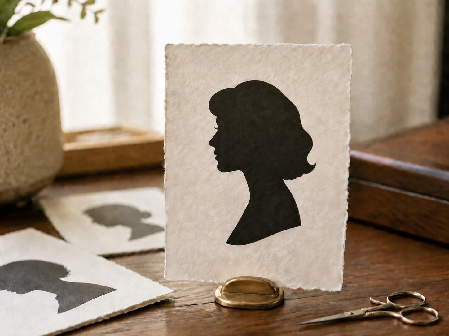 Simple black profile silhouette on a cream keepsake card