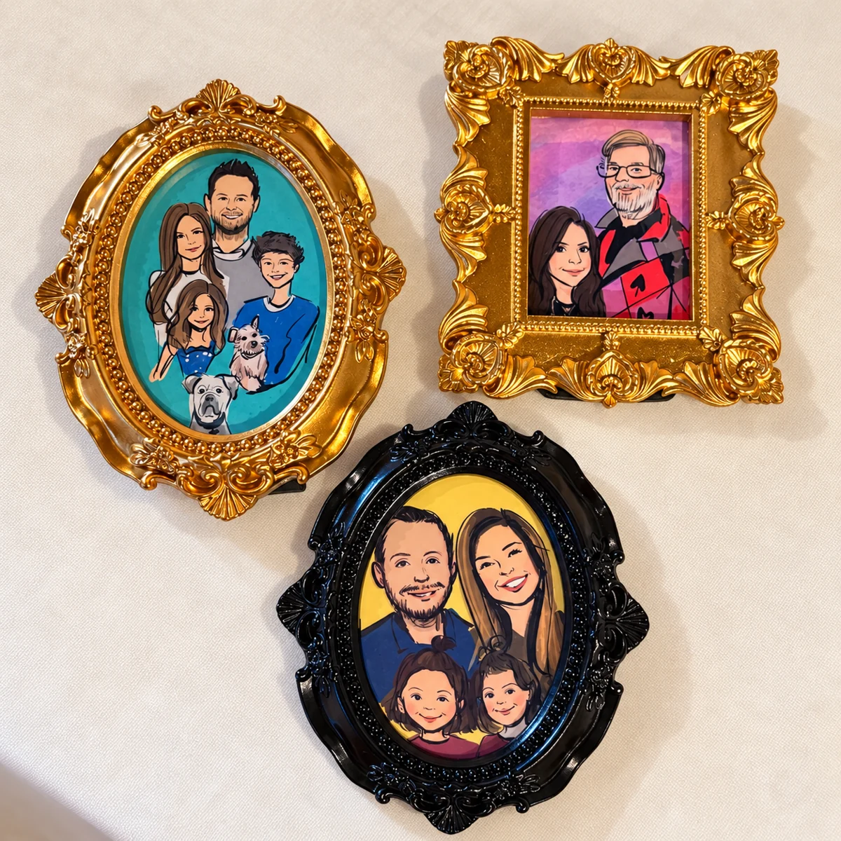 Three family portraits in oval and rectangular miniature frames