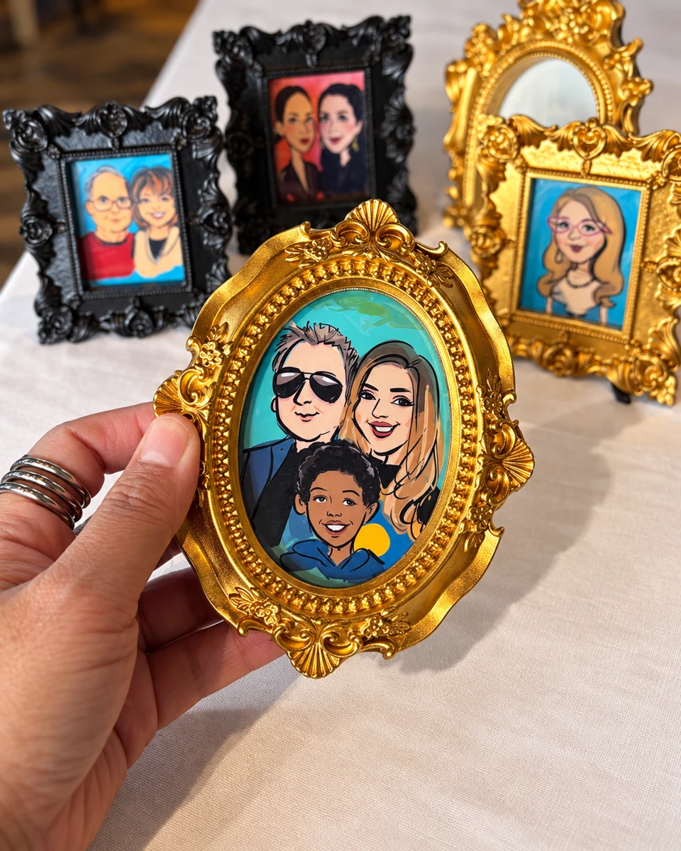 Assorted miniature family and couple portraits in black and gold frames