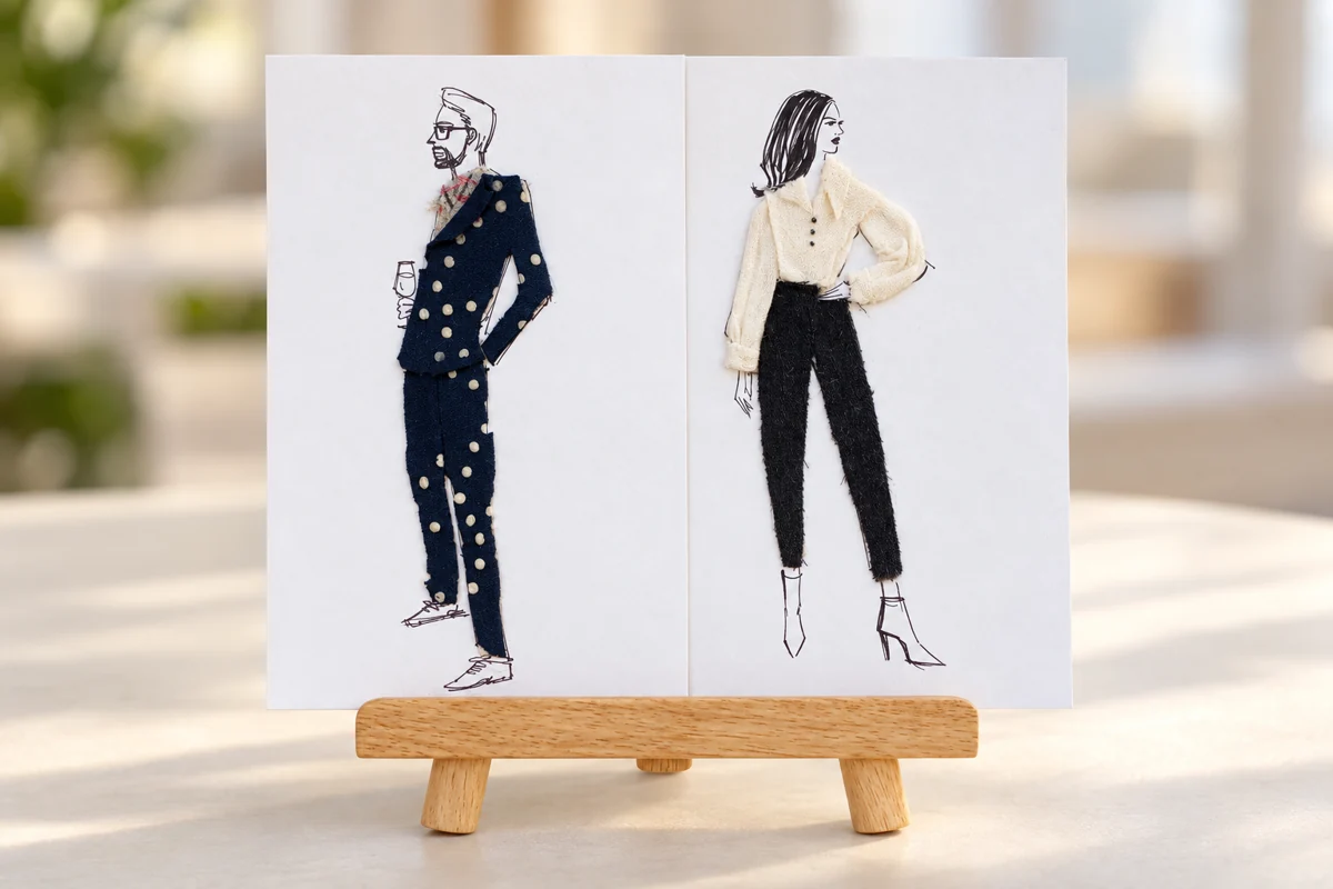 Two textile fashion portraits displayed on a small easel