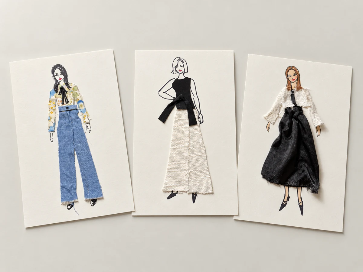Three fashion sketches with fabric skirts and trousers