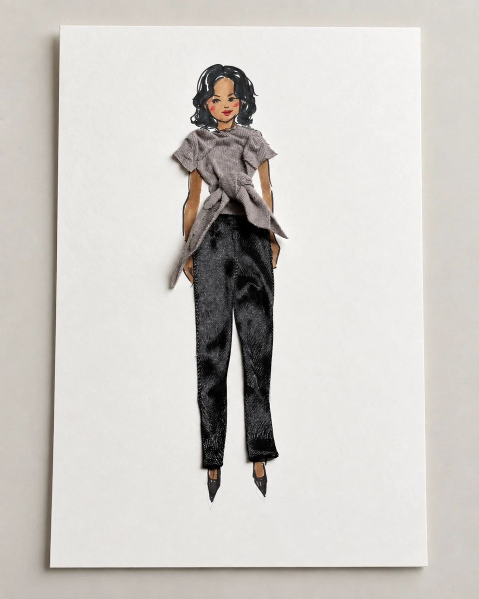 Fashion portrait with a dimensional gray fabric blouse and black trousers