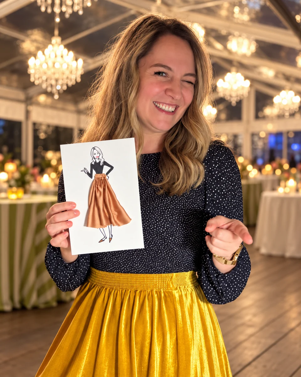 Guest holding a fashion portrait finished with a fabric skirt