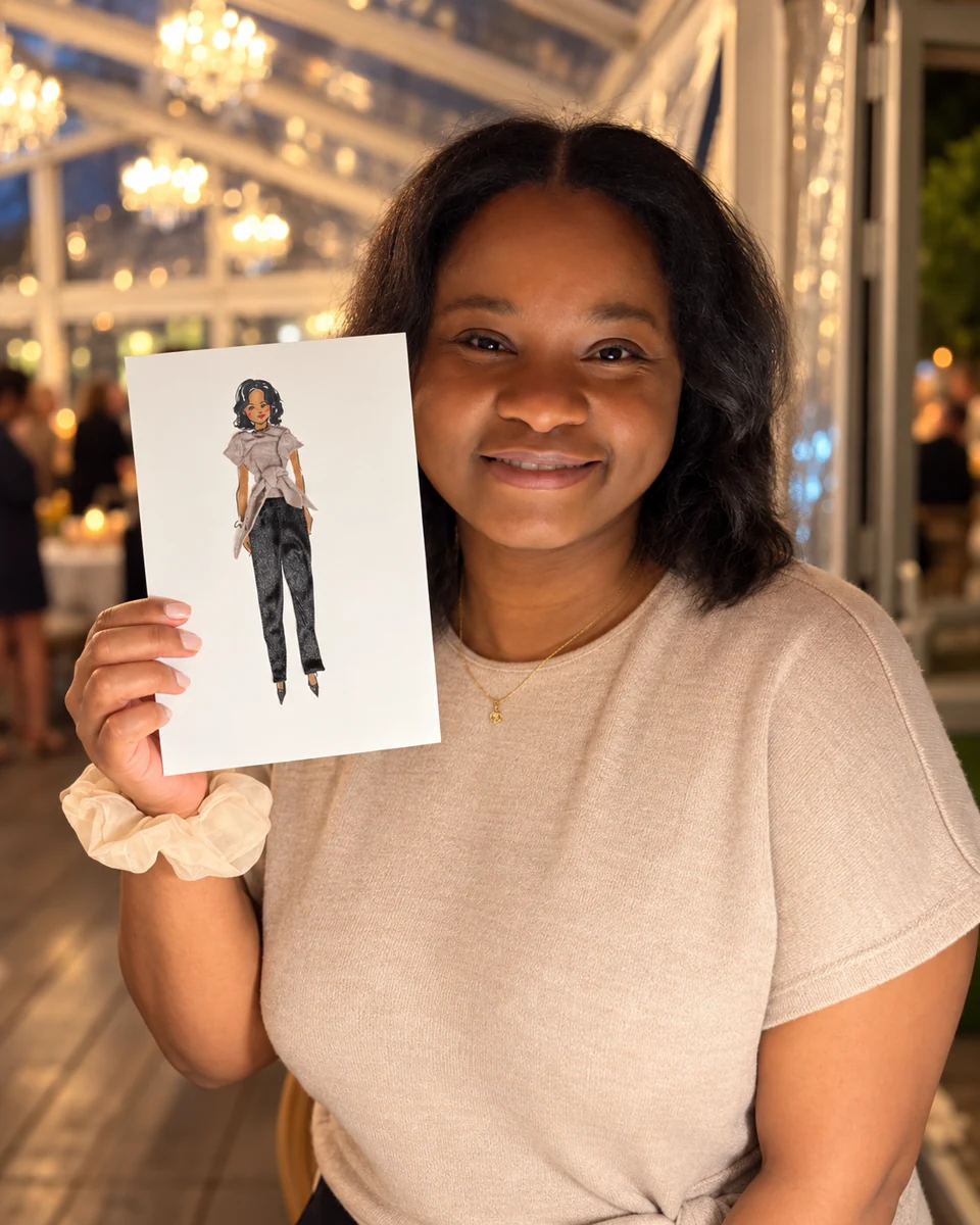 Guest holding her fashion portrait with real fabric clothing