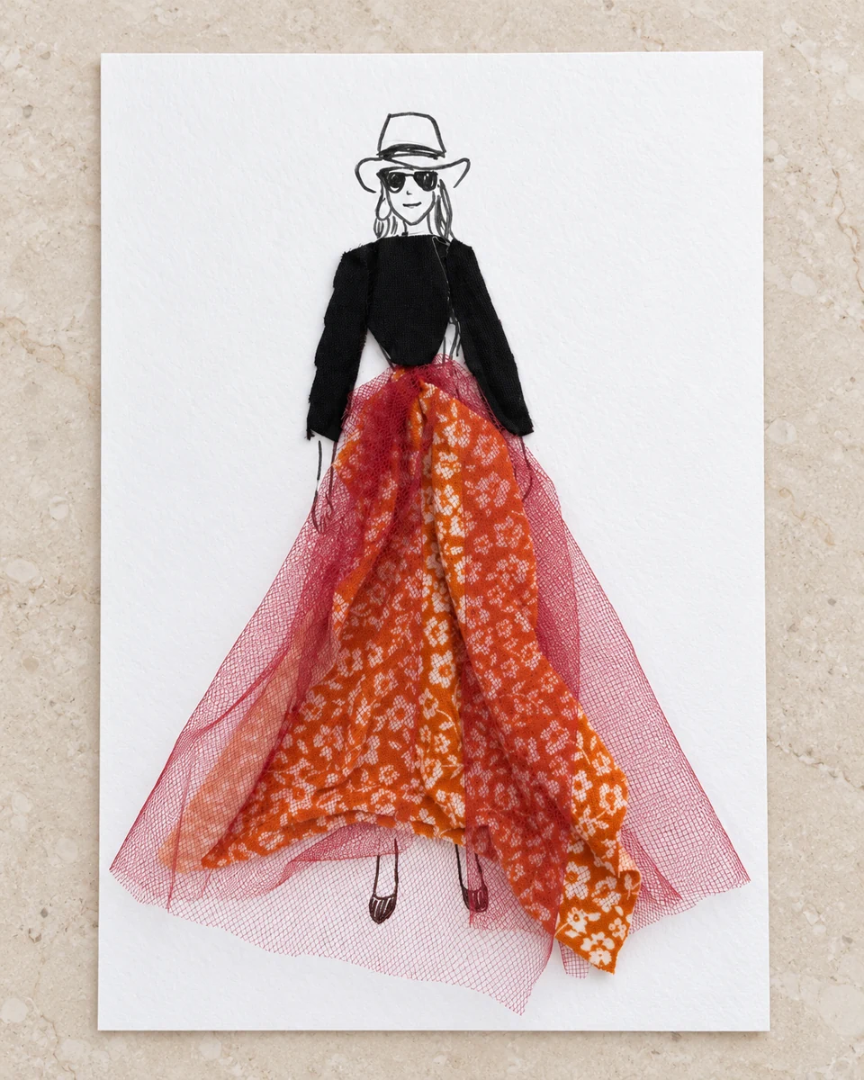 Fashion sketch with layered red and orange fabric clothing