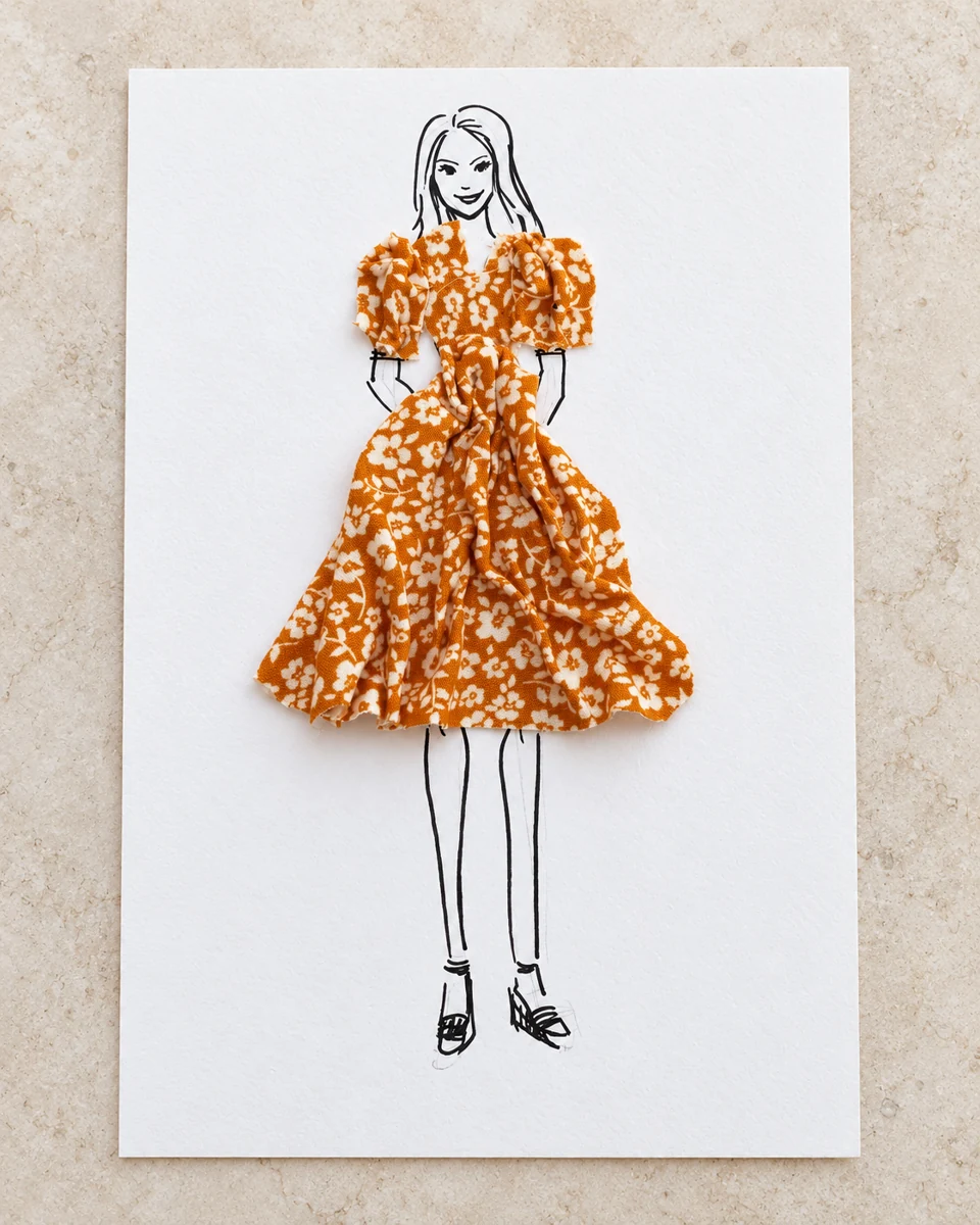 Fashion sketch with a real orange floral fabric dress