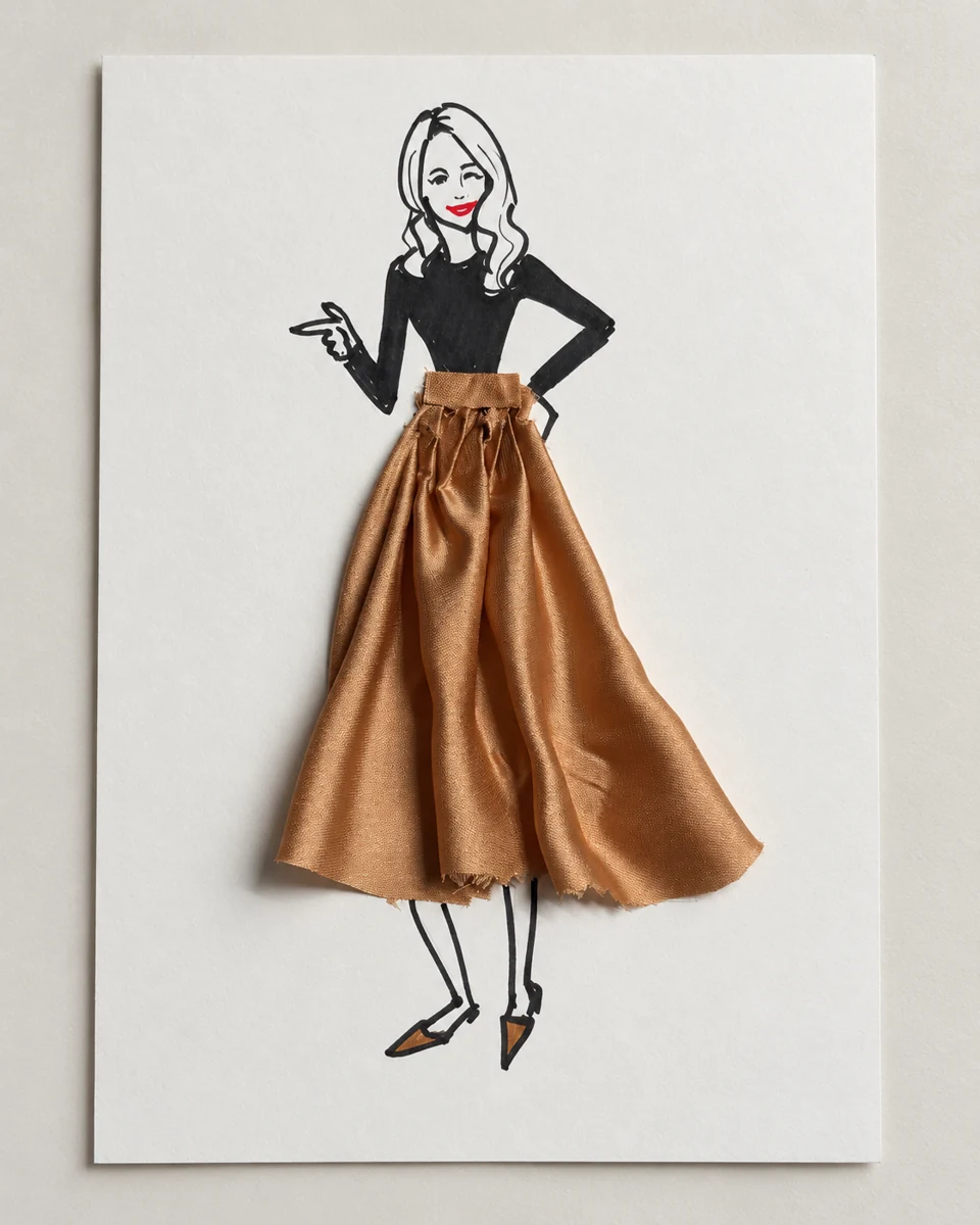Fashion sketch with a gathered bronze satin skirt