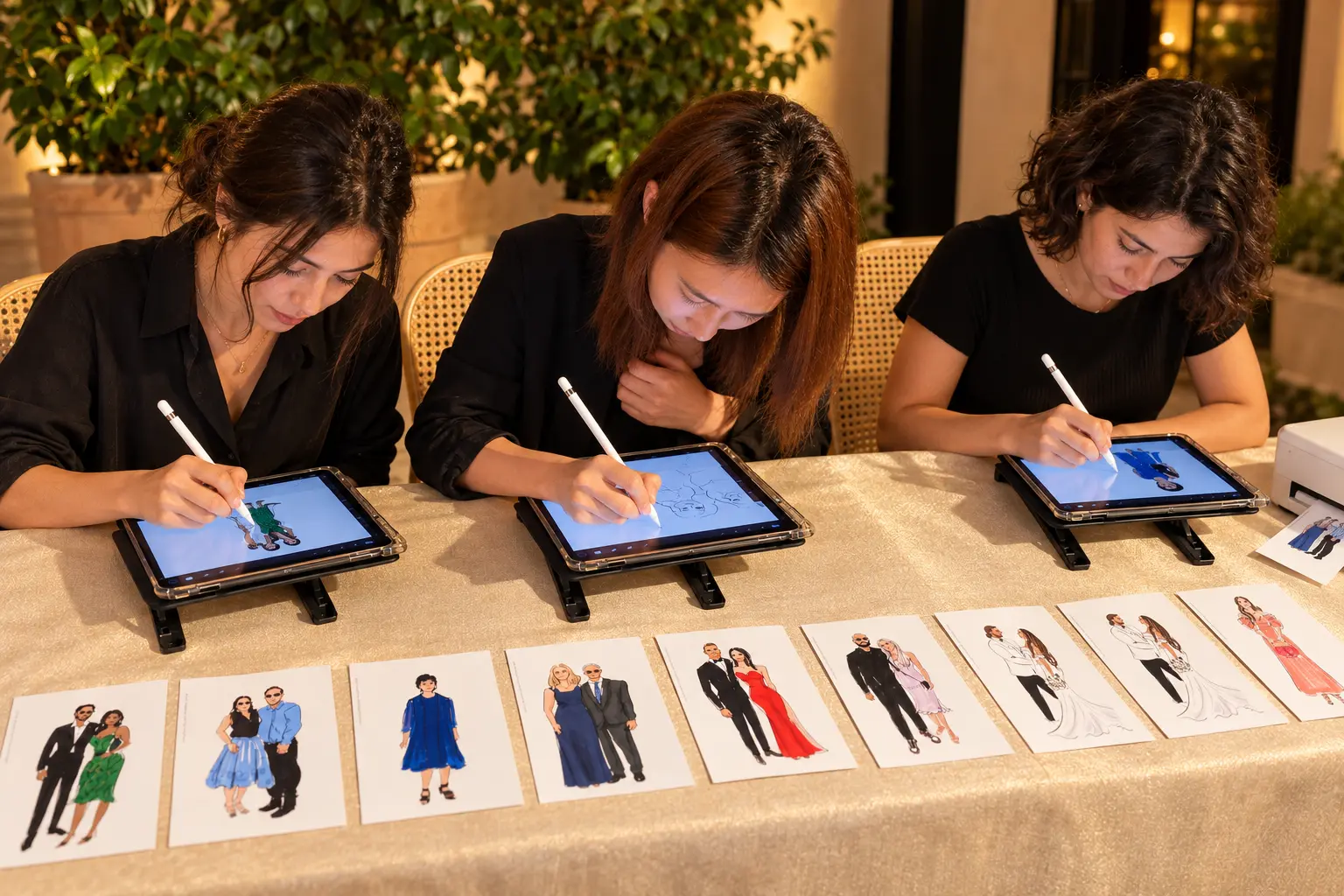 Three CreateLine artists sketching guests on tablets at an event
