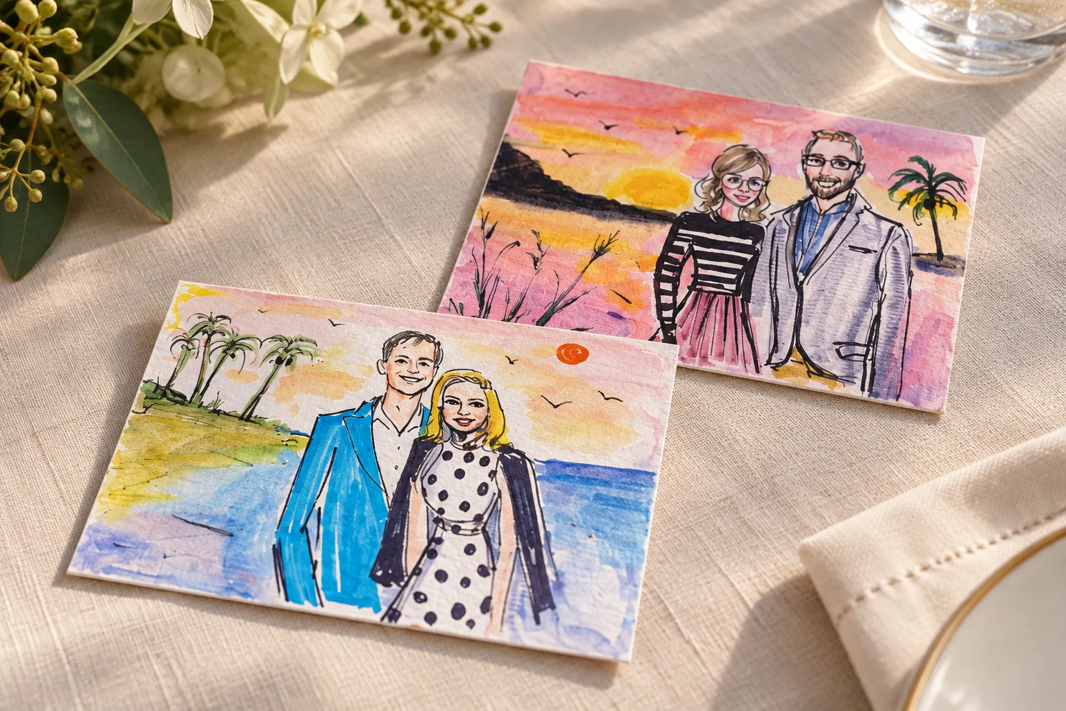 Watercolor portrait postcards of couples with colorful painted settings