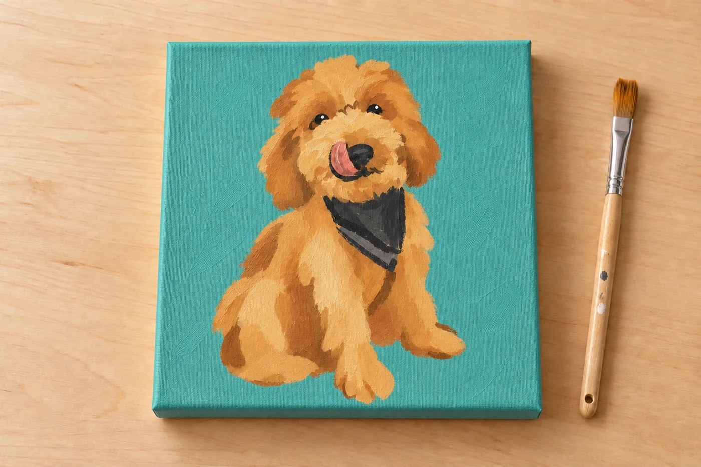 Simple golden dog acrylic painting with a solid teal background on a small canvas beside a paintbrush